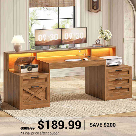 SEDETA | 63 Inch Home Office Desk with 5 Drawers 2 Printer Stand Farmhouse Computer Desk with LED Lights Monitor Stand Executive Desk with Power Outlet