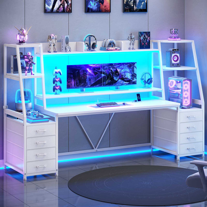 SEDETA | 78.7 Inch Gaming Desk with LED Lights Storage Shelves Computer Desk with 8 Drawers Monitor Stand Ergonomic Gaming Table with Hutch