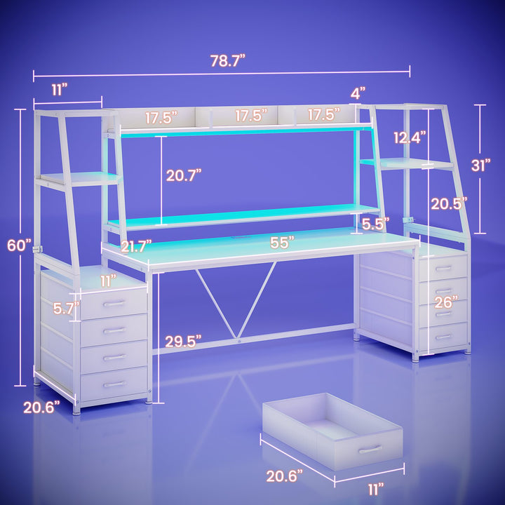 SEDETA | 78.7 Inch Gaming Desk with LED Lights Storage Shelves Computer Desk with 8 Drawers Monitor Stand Ergonomic Gaming Table with Hutch