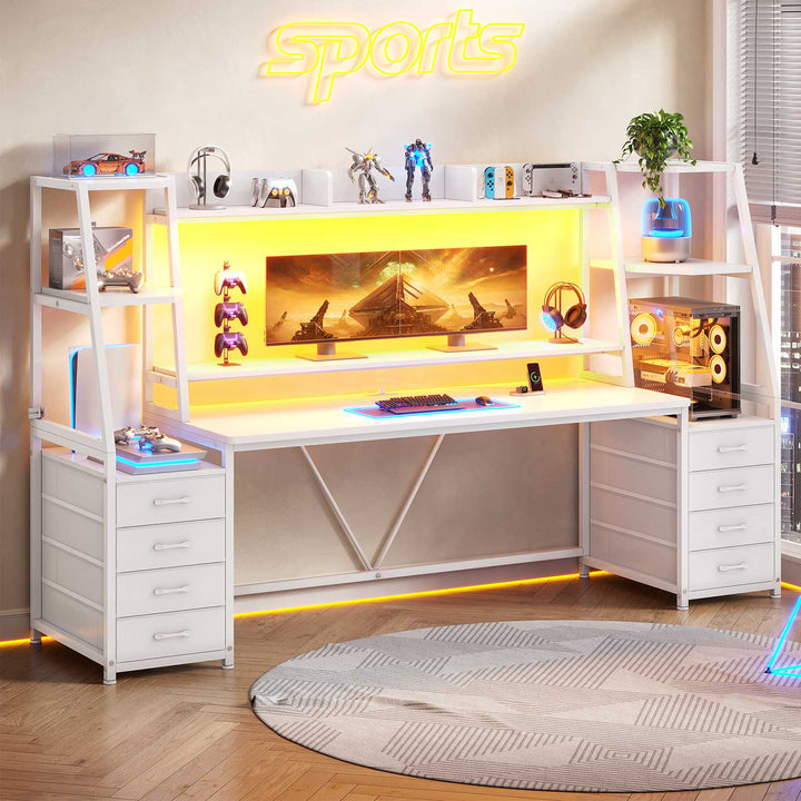 SEDETA | 78.7 Inch Gaming Desk with LED Lights Storage Shelves Computer Desk with 8 Drawers Monitor Stand Ergonomic Gaming Table with Hutch