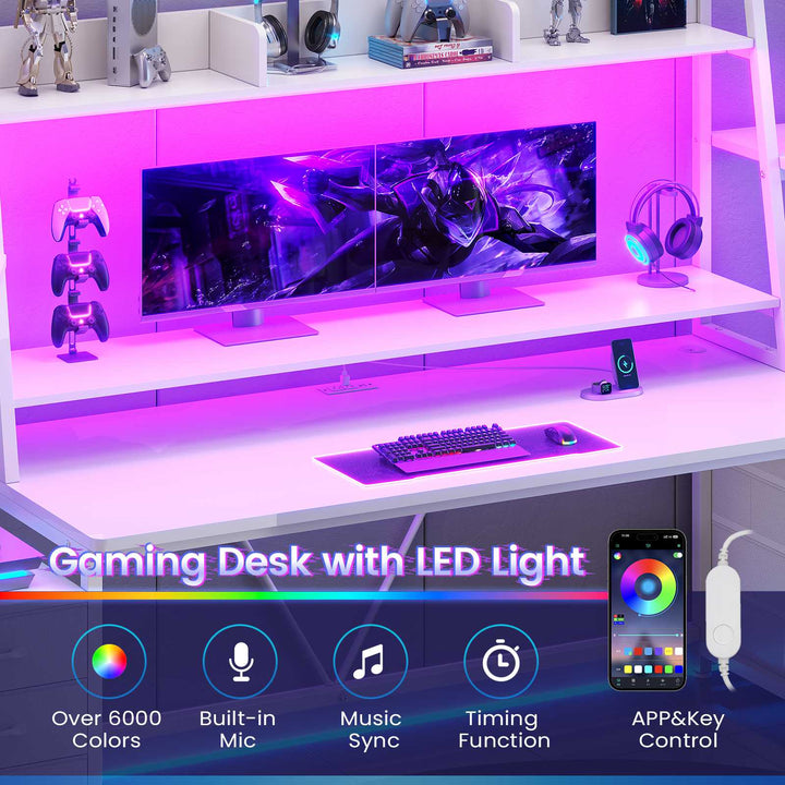SEDETA | 78.7 Inch Gaming Desk with LED Lights Storage Shelves Computer Desk with 8 Drawers Monitor Stand Ergonomic Gaming Table with Hutch