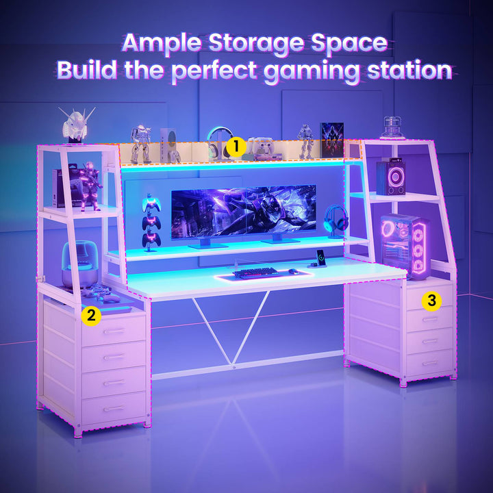 SEDETA | 78.7 Inch Gaming Desk with LED Lights Storage Shelves Computer Desk with 8 Drawers Monitor Stand Ergonomic Gaming Table with Hutch