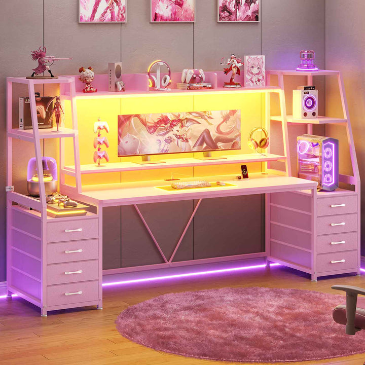 SEDETA | 78.7 Inch Gaming Desk with LED Lights Storage Shelves Computer Desk with 8 Drawers Monitor Stand Ergonomic Gaming Table with Hutch