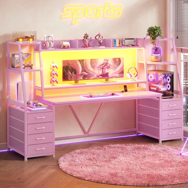 SEDETA | 78.7 Inch Gaming Desk with LED Lights Storage Shelves Computer Desk with 8 Drawers Monitor Stand Ergonomic Gaming Table with Hutch