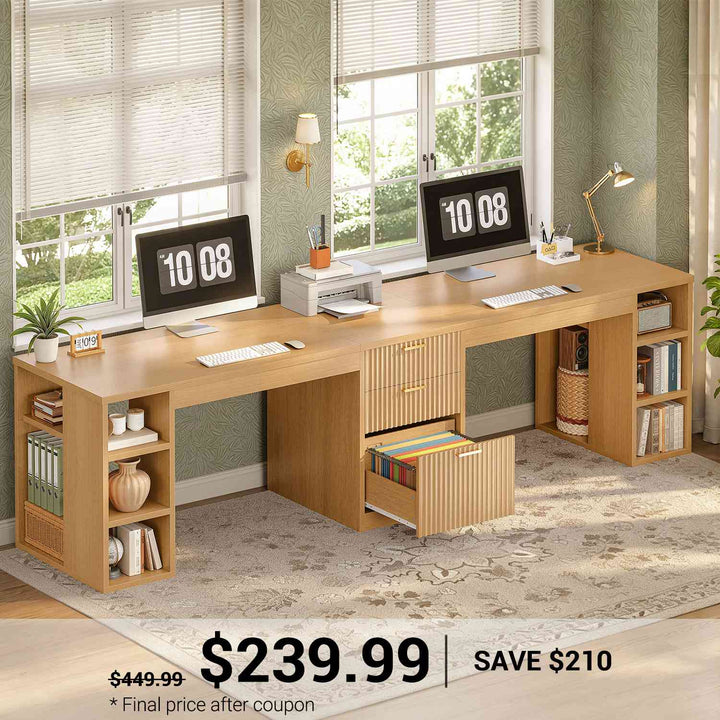 SEDETA 96.5 Inch Fluted Computer Desk with Drawers 2 Person Home Office Desk Gaming Double Desk with Storage Shelves Long Two Person Writing Desk