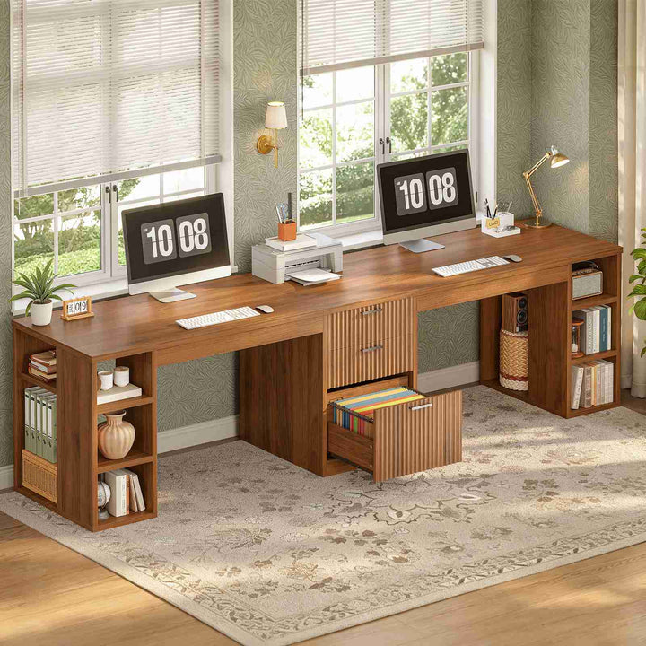 SEDETA | 96.5 Inch Fluted Long Two Person Desk with 3 Drawers Computer Desk with Storage Shelves for Home Office