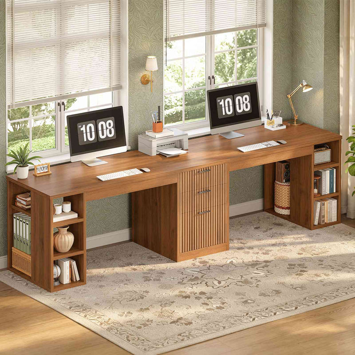 SEDETA | 96.5 Inch Fluted Long Two Person Desk with 3 Drawers Computer Desk with Storage Shelves for Home Office