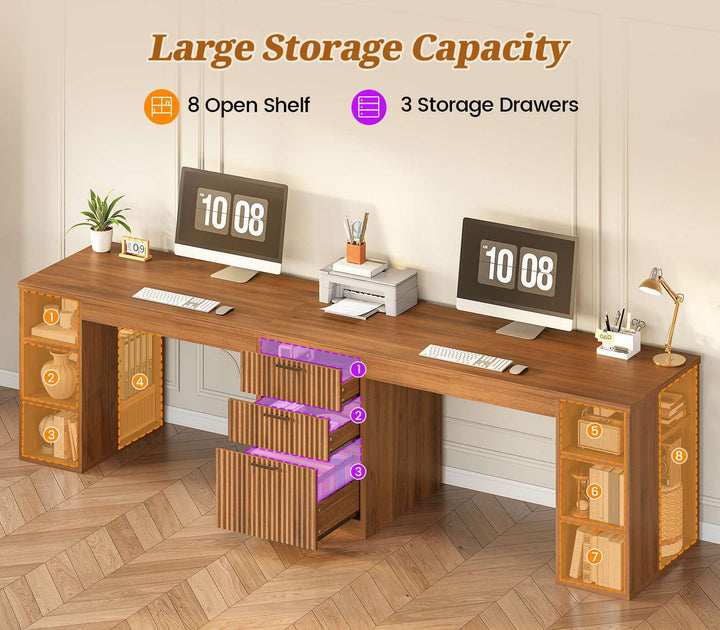 SEDETA | 96.5 Inch Fluted Long Two Person Desk with 3 Drawers Computer Desk with Storage Shelves for Home Office