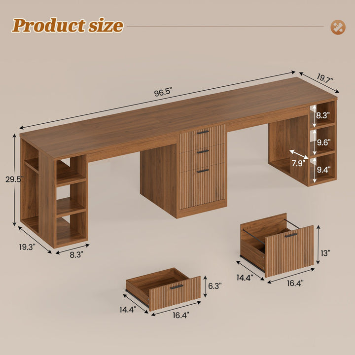 SEDETA | 96.5 Inch Fluted Long Two Person Desk with 3 Drawers Computer Desk with Storage Shelves for Home Office