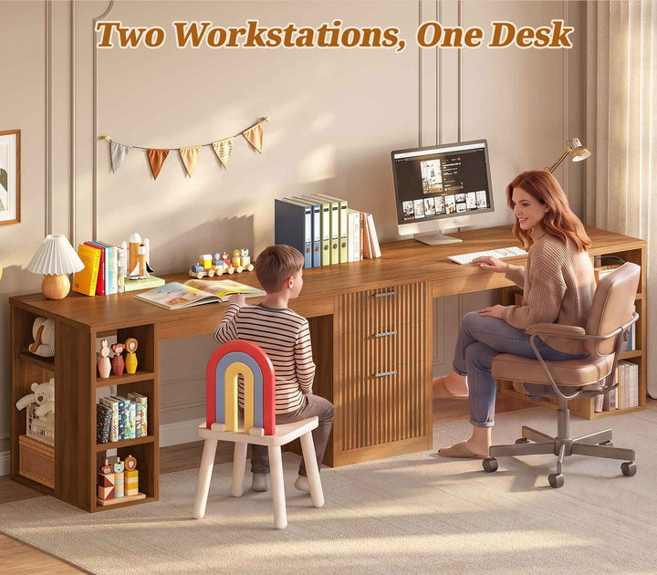 SEDETA | 96.5 Inch Fluted Long Two Person Desk with 3 Drawers Computer Desk with Storage Shelves for Home Office