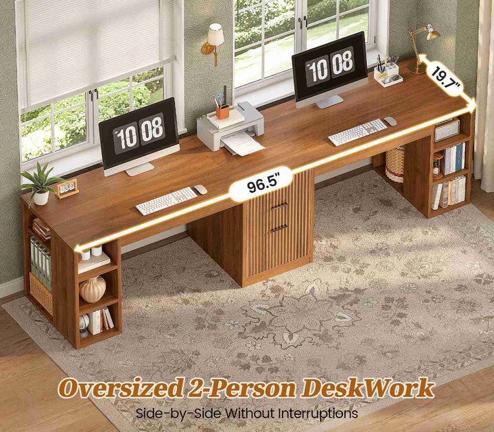 SEDETA | 96.5 Inch Fluted Long Two Person Desk with 3 Drawers Computer Desk with Storage Shelves for Home Office