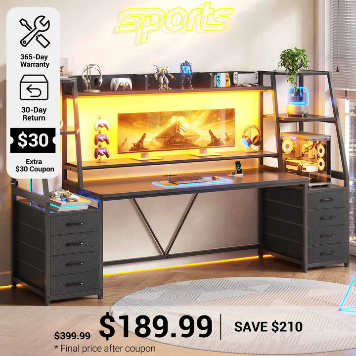 SEDETA® 78.7 Inch Gaming Desk with LED Lights 8 Drawers and Storage Shelves Computer Desk with Monitor Stand Hutch Large PC Ergonomic Gaming Table for Bedroom