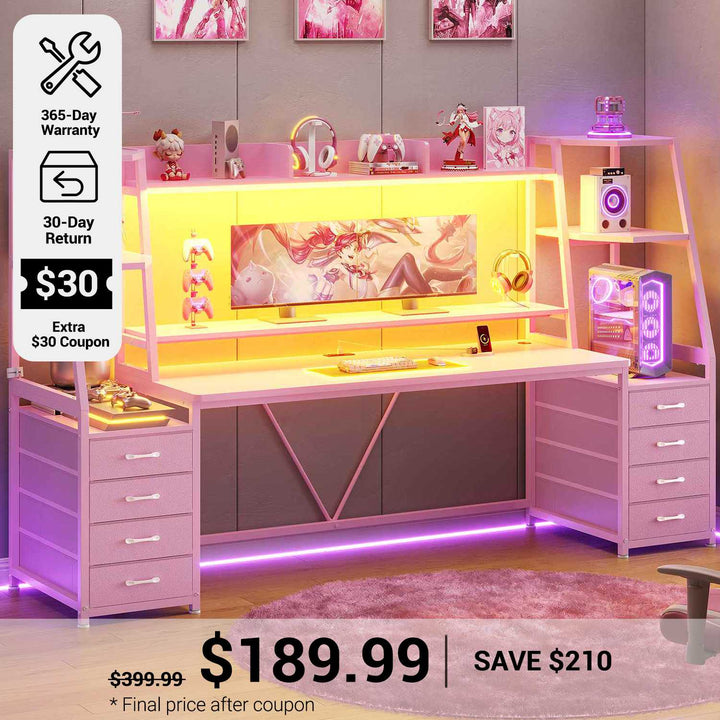SEDETA® 78.7 Inch Gaming Desk with LED Lights 8 Drawers and Storage Shelves Computer Desk with Monitor Stand Hutch Large PC Ergonomic Gaming Table for Bedroom