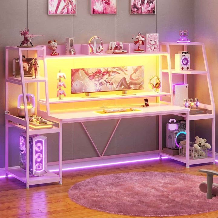 SEDETA 78.8 Inch Gaming Desk  with LED Lights Hutch Storage Shelves