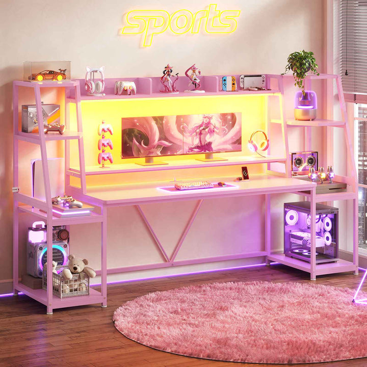 SEDETA 78.8 Inch Gaming Desk  with LED Lights Hutch Storage Shelves