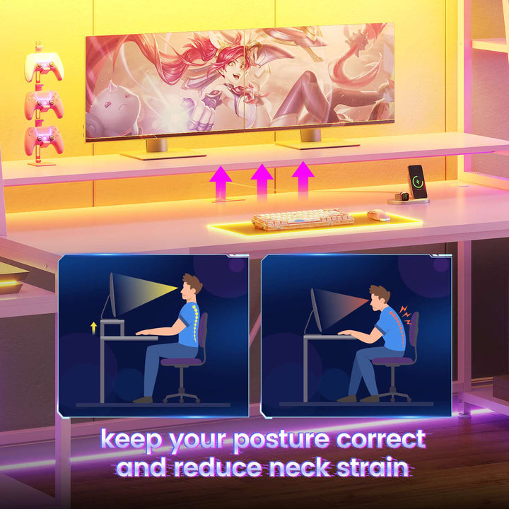 SEDETA 78.8 Inch Gaming Desk  with LED Lights Hutch Storage Shelves