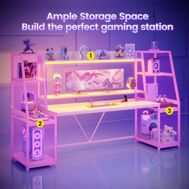 SEDETA 78.8 Inch Gaming Desk  with LED Lights Hutch Storage Shelves
