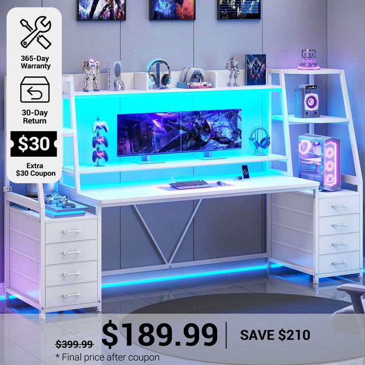 SEDETA® 78.7 Inch Gaming Desk with LED Lights 8 Drawers and Storage Shelves Computer Desk with Monitor Stand Hutch Large PC Ergonomic Gaming Table for Bedroom