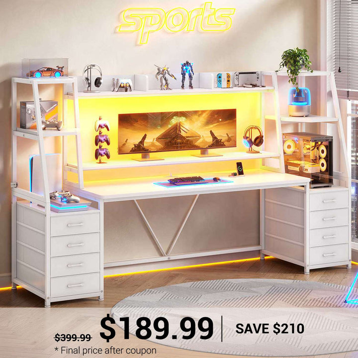 SEDETA | 78.7 Inch Gaming Desk with LED Lights Storage Shelves Computer Desk with 8 Drawers Monitor Stand Ergonomic Gaming Table with Hutch