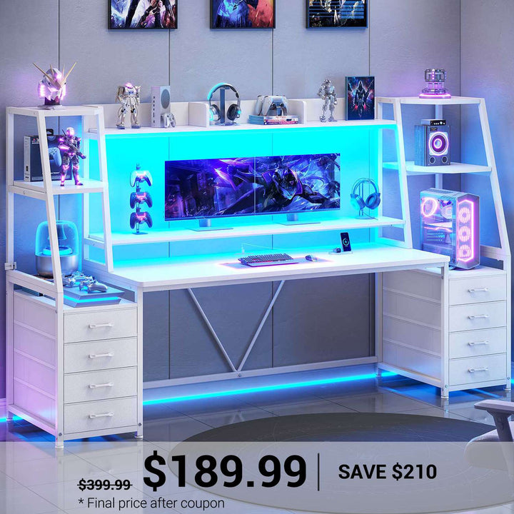 SEDETA | 78.7 Inch Gaming Desk with LED Lights Storage Shelves Computer Desk with 8 Drawers Monitor Stand Ergonomic Gaming Table with Hutch