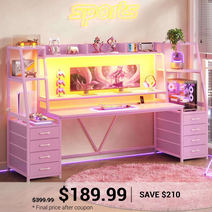 SEDETA | 78.7 Inch Gaming Desk with LED Lights Storage Shelves Computer Desk with 8 Drawers Monitor Stand Ergonomic Gaming Table with Hutch