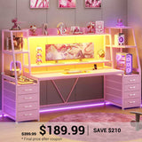 SEDETA | 78.7 Inch Gaming Desk with LED Lights Storage Shelves Computer Desk with 8 Drawers Monitor Stand Ergonomic Gaming Table with Hutch