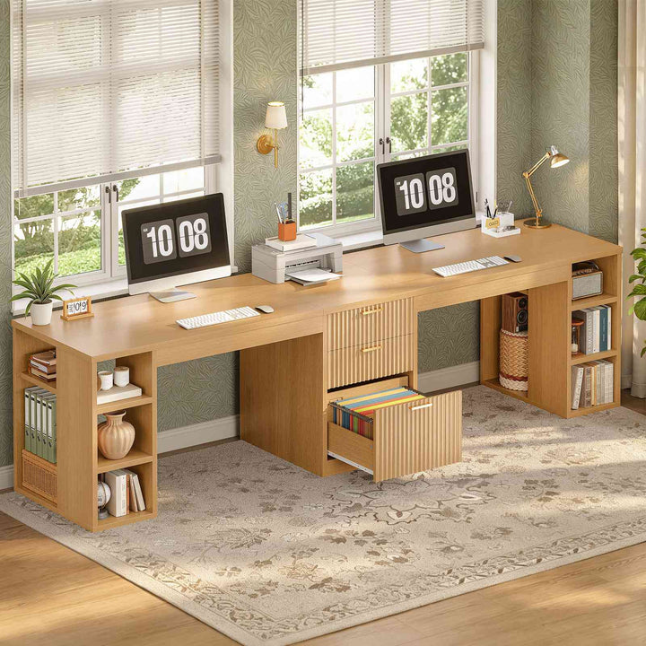 SEDETA | 96.5 Inch Fluted Long Two Person Desk with 3 Drawers Computer Desk with Storage Shelves for Home Office