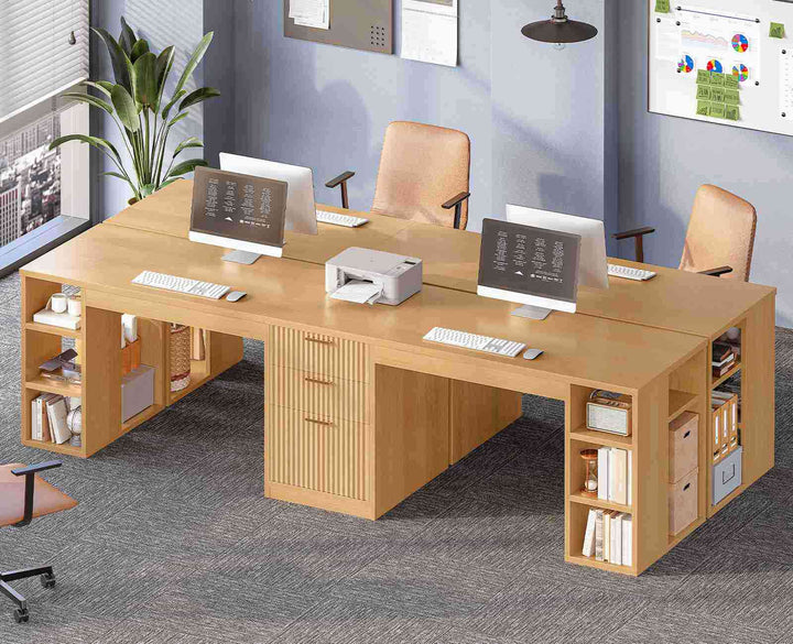 SEDETA | 96.5 Inch Fluted Long Two Person Desk with 3 Drawers Computer Desk with Storage Shelves for Home Office