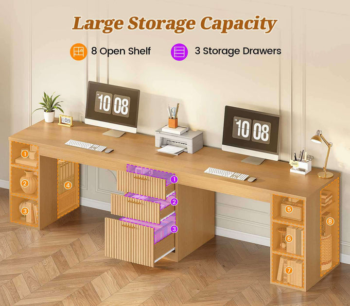 SEDETA | 96.5 Inch Fluted Long Two Person Desk with 3 Drawers Computer Desk with Storage Shelves for Home Office