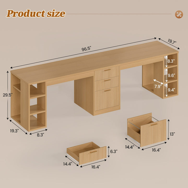 SEDETA | 96.5 Inch Fluted Long Two Person Desk with 3 Drawers Computer Desk with Storage Shelves for Home Office