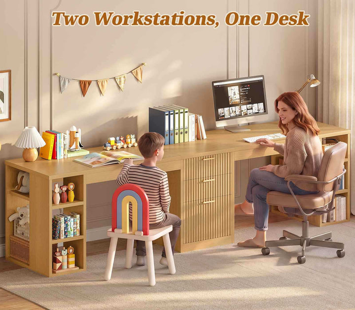 SEDETA | 96.5 Inch Fluted Long Two Person Desk with 3 Drawers Computer Desk with Storage Shelves for Home Office