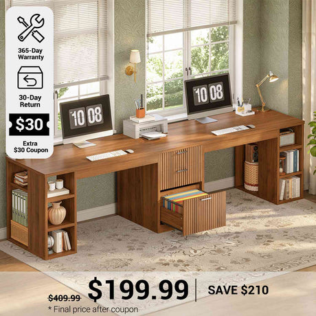SEDETA® 96.5 Inch Fluted Two Person Computer Desk with 3 Drawers Long Writing Desk with Storage Shelves for Home Office
