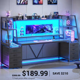 SEDETA | 78.7 Inch Gaming Desk with LED Lights Storage Shelves Computer Desk with 8 Drawers Monitor Stand Ergonomic Gaming Table with Hutch