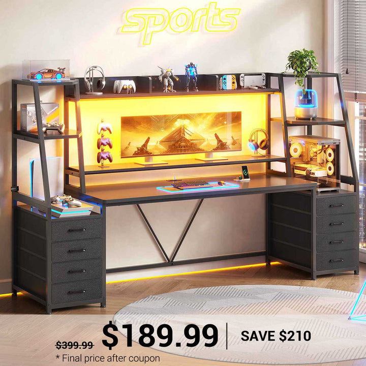 SEDETA | 78.7 Inch Gaming Desk with LED Lights Storage Shelves Computer Desk with 8 Drawers Monitor Stand Ergonomic Gaming Table with Hutch