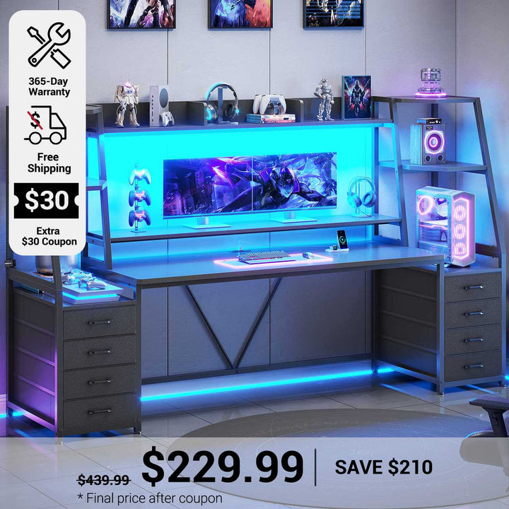 SEDETA 78.7 Inch Gaming Desk with LED Lights 8 Drawers and Storage Shelves Computer Desk with Monitor Stand