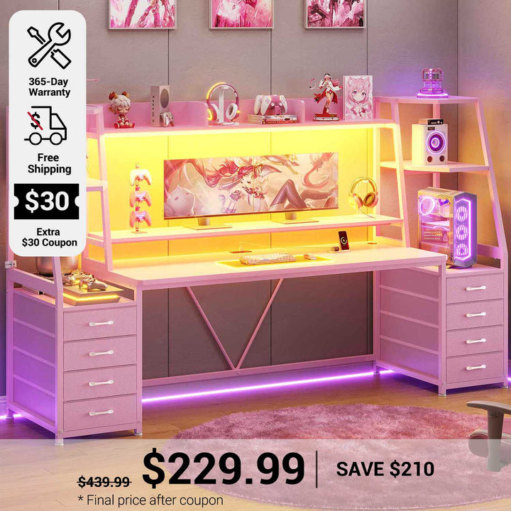 SEDETA 78.7 Inch Gaming Desk with LED Lights 8 Drawers and Storage Shelves Computer Desk with Monitor Stand