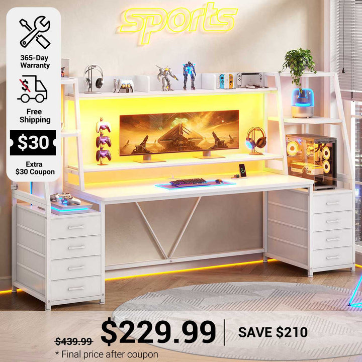 SEDETA 78.7 Inch Gaming Desk with LED Lights 8 Drawers and Storage Shelves Computer Desk with Monitor Stand