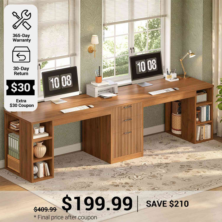 SEDETA® 96.5 Inch Fluted Two Person Computer Desk with 3 Drawers Long Writing Desk with Storage Shelves for Home Office