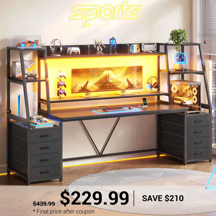 SEDETA 78.7 Inch Gaming Desk with LED Lights 8 Drawers and Storage Shelves Computer Desk with Monitor Stand