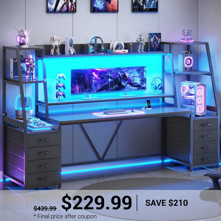 SEDETA 78.7 Inch Gaming Desk with LED Lights 8 Drawers and Storage Shelves Computer Desk with Monitor Stand