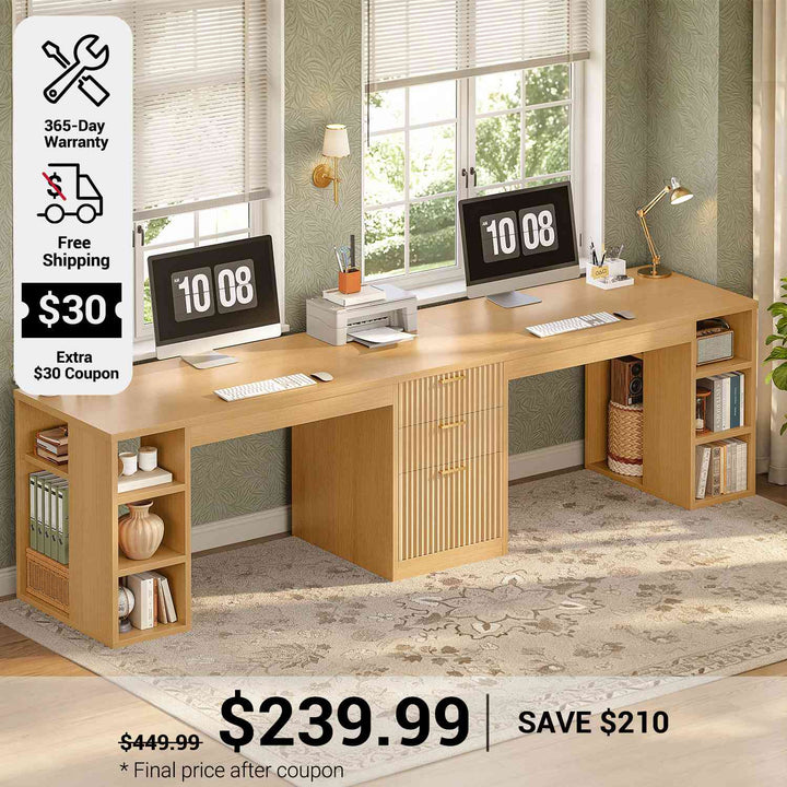 SEDETA 96.5 Inch Fluted Computer Desk with Drawers 2 Person Home Office Desk Gaming Double Desk with Storage Shelves Long Two Person Writing Desk
