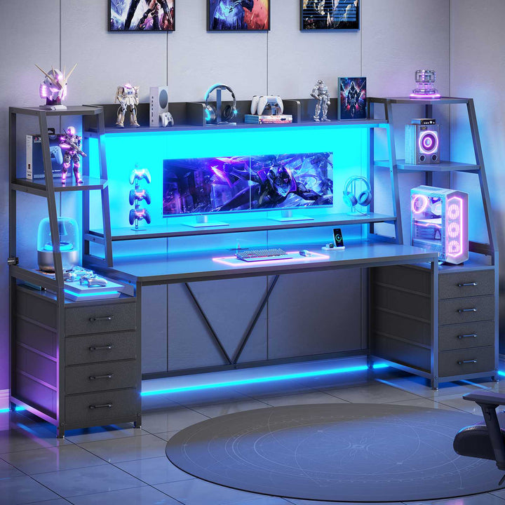 SEDETA | 78.7 Inch Gaming Desk with LED Lights Storage Shelves Computer Desk with 8 Drawers Monitor Stand Ergonomic Gaming Table with Hutch