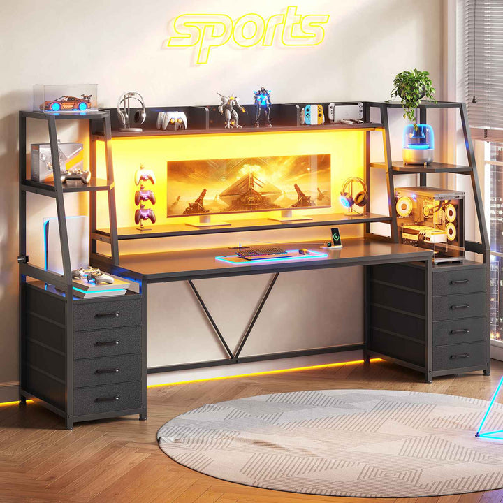 SEDETA | 78.7 Inch Gaming Desk with LED Lights Storage Shelves Computer Desk with 8 Drawers Monitor Stand Ergonomic Gaming Table with Hutch