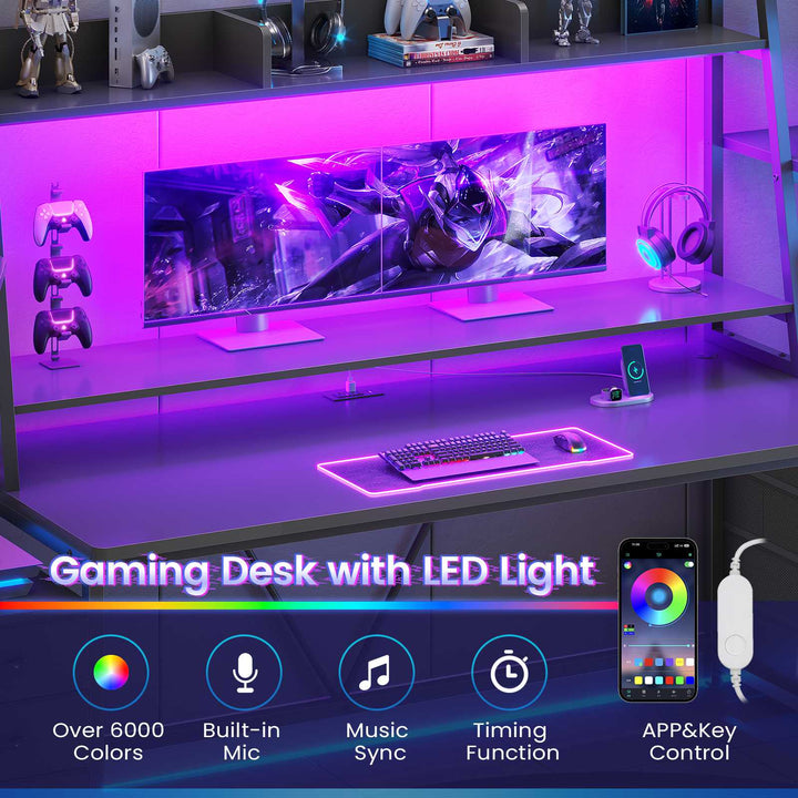SEDETA | 78.7 Inch Gaming Desk with LED Lights Storage Shelves Computer Desk with 8 Drawers Monitor Stand Ergonomic Gaming Table with Hutch