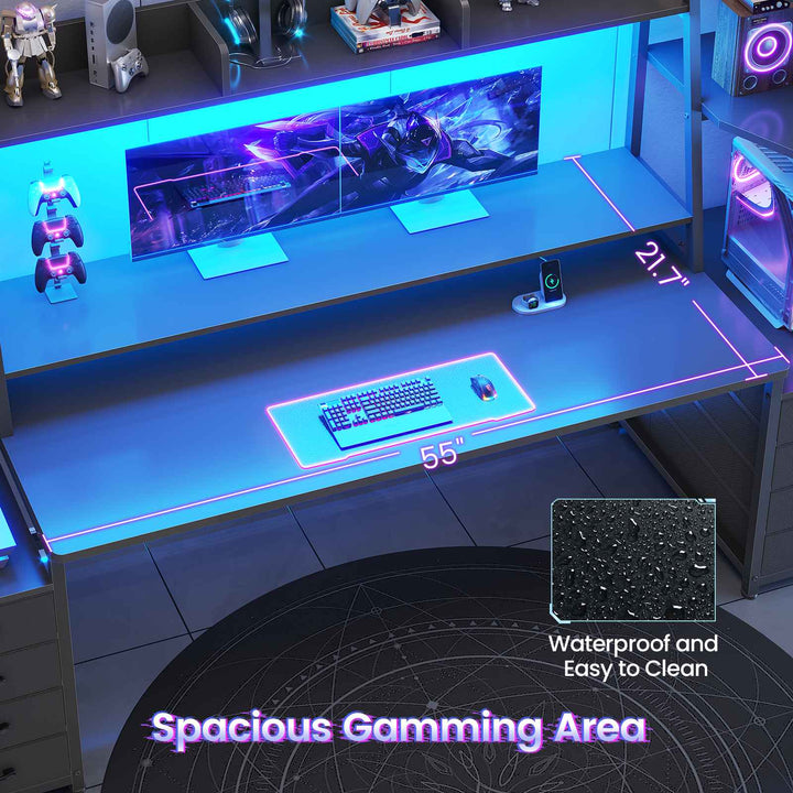 SEDETA | 78.7 Inch Gaming Desk with LED Lights Storage Shelves Computer Desk with 8 Drawers Monitor Stand Ergonomic Gaming Table with Hutch