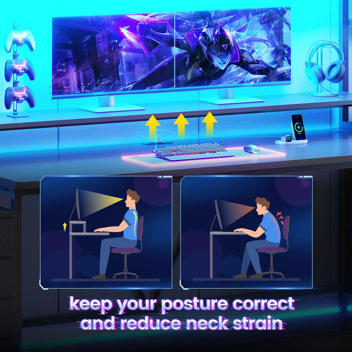 SEDETA | 78.7 Inch Gaming Desk with LED Lights Storage Shelves Computer Desk with 8 Drawers Monitor Stand Ergonomic Gaming Table with Hutch