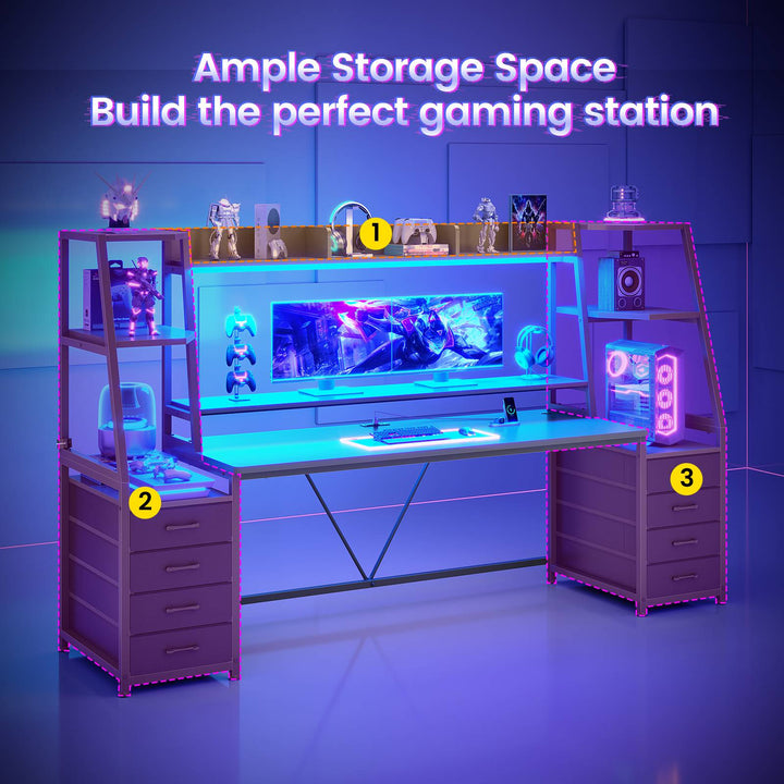 SEDETA | 78.7 Inch Gaming Desk with LED Lights Storage Shelves Computer Desk with 8 Drawers Monitor Stand Ergonomic Gaming Table with Hutch
