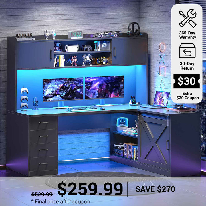 SEDETA® 55 Inch Corner Gaming Desk with LED Light Computer Desk with Storage Shelves and Power Outlet Farmhouse L Shaped Office Desk with Drawers and Hutch