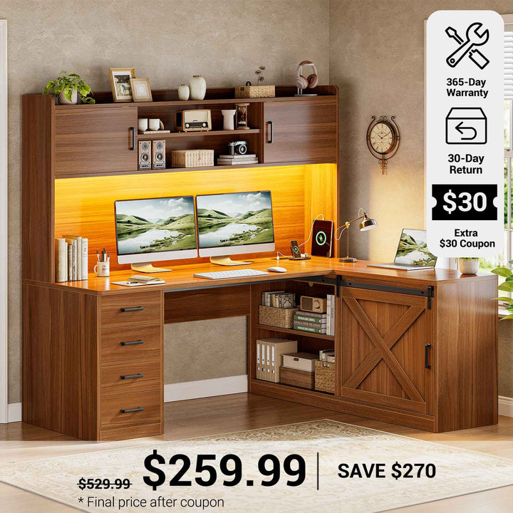 SEDETA® 55 Inch Corner Gaming Desk with LED Light Computer Desk with Storage Shelves and Power Outlet Farmhouse L Shaped Office Desk with Drawers and Hutch