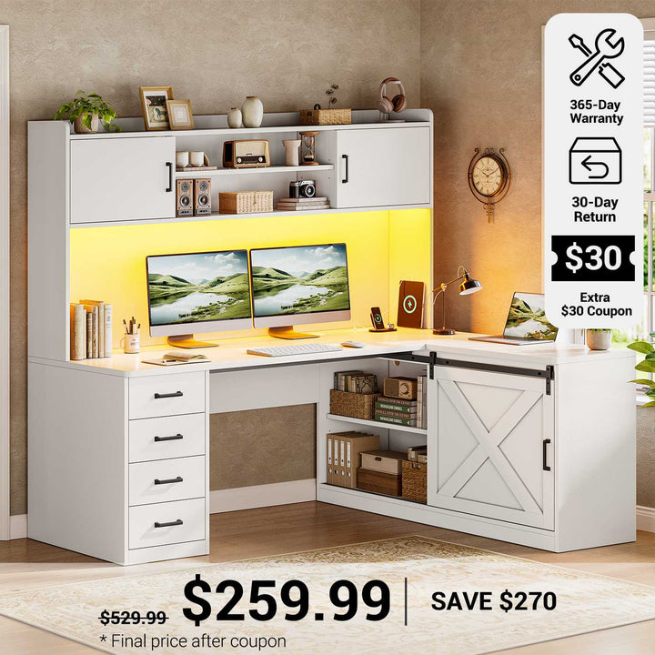 SEDETA® 55 Inch Corner Gaming Desk with LED Light Computer Desk with Storage Shelves and Power Outlet Farmhouse L Shaped Office Desk with Drawers and Hutch